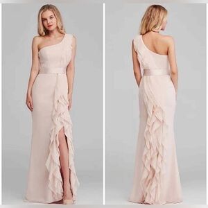 White by Vera Wang One Shoulder Ruffle Long Dress Pearl Pink Size 4 belted